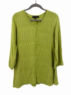 CALESSA Women's Lime Green 3/4 Button Top Sleeve A-Line Blouse Small